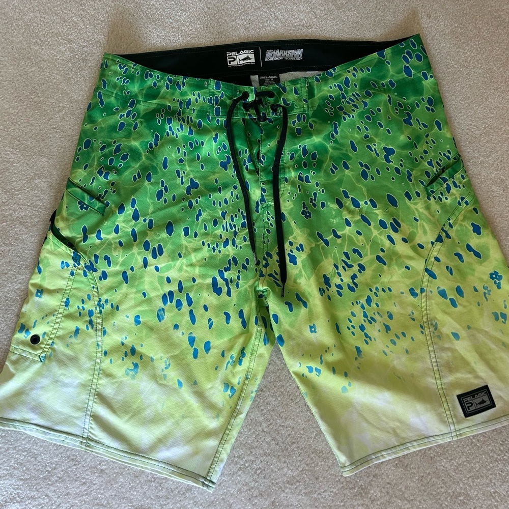 Pelagic Green and Blue Board Shorts with Dynamic Gradient Design